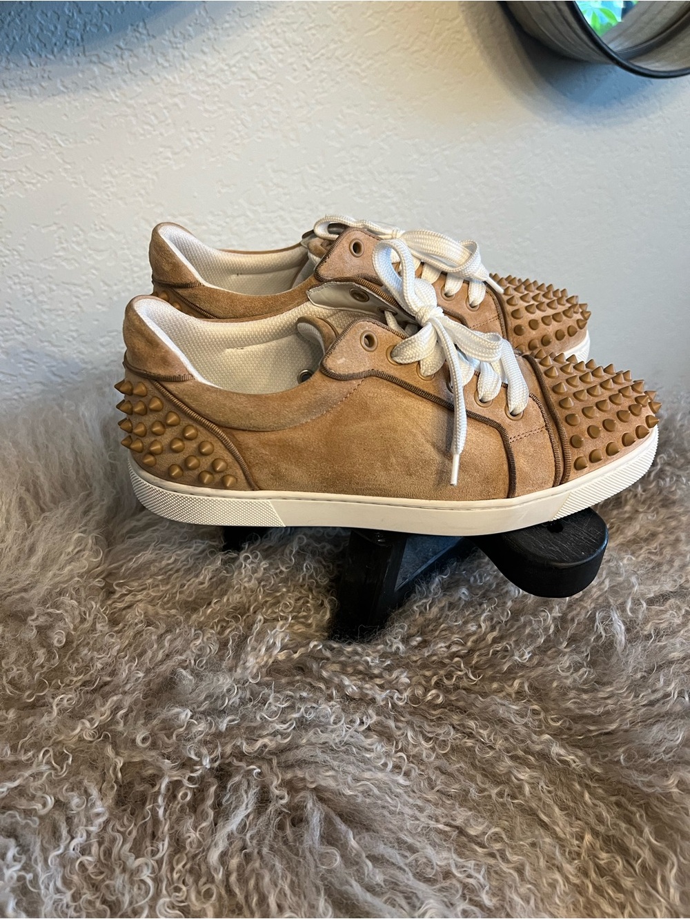 Christian Louboutin Tan Suede Spike-Embellished Low Top Sneakers
